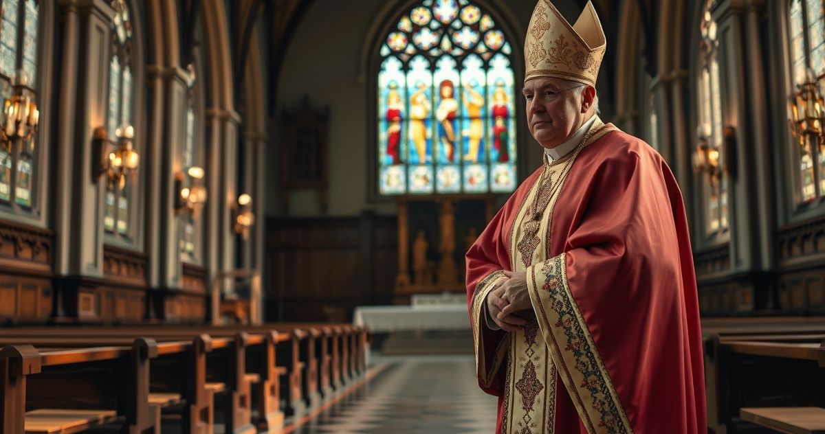 Fotografia realistyczna katolickiego biskupa w tradycyjnych szatach w historycznym kościele, wyrażająca krytykę współczesnego papieża i posoborowych zmian