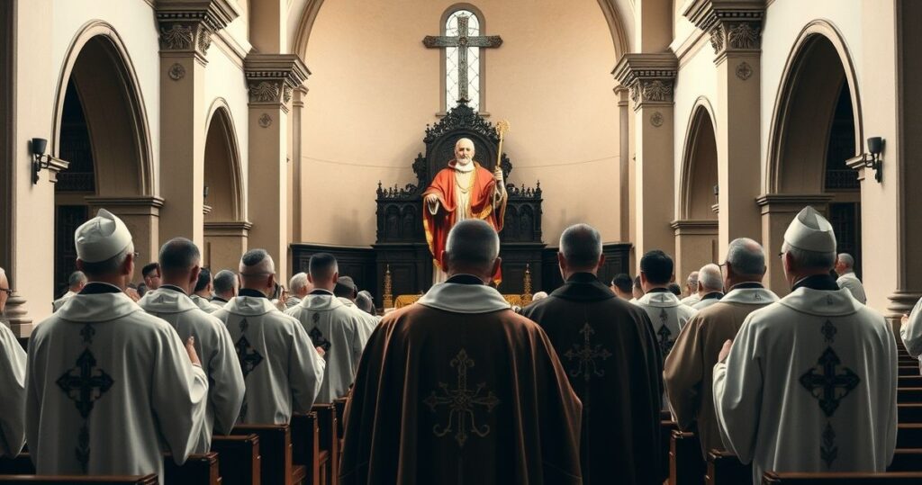 Rewersyjne zdjęcie katolickiego rytuału w tradycyjnej świątyni, z duchownymi w vestmentach, wyrazem powagi i refleksji, podkreślające krytykę nowoczesnych beatyfikacji i wierność nauczaniu Kościoła.