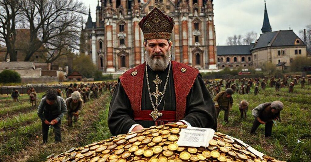Tragiczny widok biskupa katolickiego w dawnej Polsce stojącego przed katedralą z monetami i dokumentami ziemskimi.