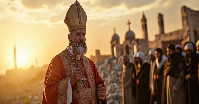 Katolicki biskup w tradycyjnym stroju liturgicznym stoi w zniszczonej syryjskiej krajobrazie, trzymając krucyfiks przed grupą muzułmańskich mężczyzn. Jego wyraz twarzy wyraża poważną determinację, kontrastując z odległymi minaretami i zniszczonymi kościołami na tle. Scena jest oświetlona ciepłym, złotym świtem wschodu słońca, symbolizującym nadzieję w ruinach. Postawa biskupa i krucyfiks, który trzyma, symbolizują nieugiętą prawdę wiary wobec islamskiego ucisku i ekumenicznego kompromisu.