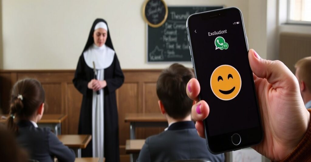 Tradycyjna klasa szkolna z zakonną w habit i karzącą linijką w porównaniu z nowoczesnym chaosem edukacji