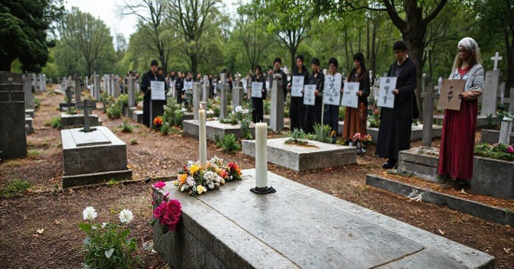 Tradycyjny katolicki cmentarz z grobem ozdobionym kwiatami i zniczem, kontrastujący z modernistycznymi aktywistami promującymi minimalistyczne pomniki ekologiczne.