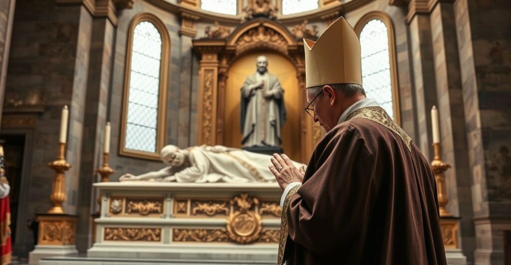 Kobieta w liturgicznych szatach modląca się przy grobie heretyka w wielkiej bazylikowej kaplicy, symbolizująca krytykę ekumenizmu i schizmy w Kościele katolickim