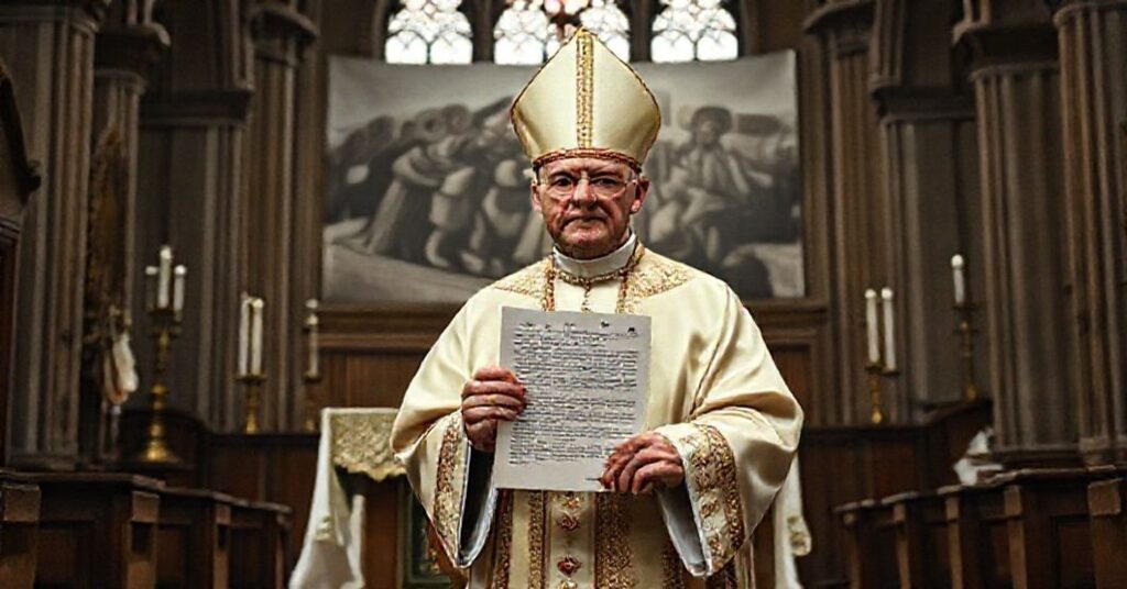 Tradcyjny biskup w szatach liturgicznych przed ołtarzem kościoła z kopią listu z 1965 roku