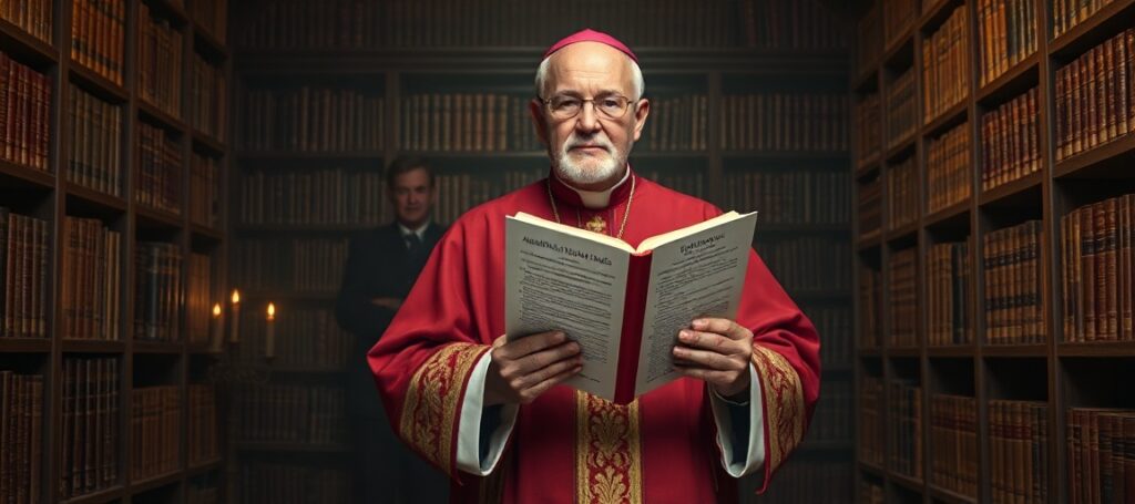 Biskup w tradycyjnych szatach liturgicznych trzymający encyklikę 'Magnifica Humanitas' w starej bibliotece z zapalonymi świecami.