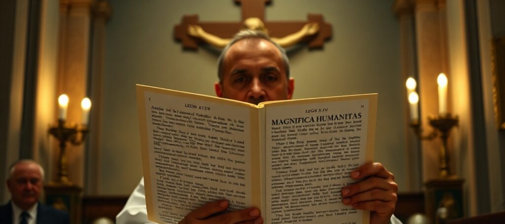 Obraz przedstawiający tradycyjnego księdza w kościele czytającego encyklikę 'Magnifica Humanitas' uzurpatora Leona XIV, z kontrastem między prawdziwym nauczaniem katolickim a nowoczesnym humanitaryzmem.