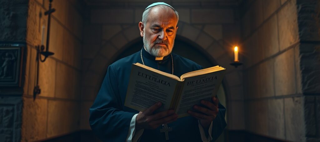 Ksiądz katolicki w pełnych ornatach trzymający encyklikę Magnifica Humanitas uzurpatora Leona XIV w ciemnej kościelnej kaplicy.