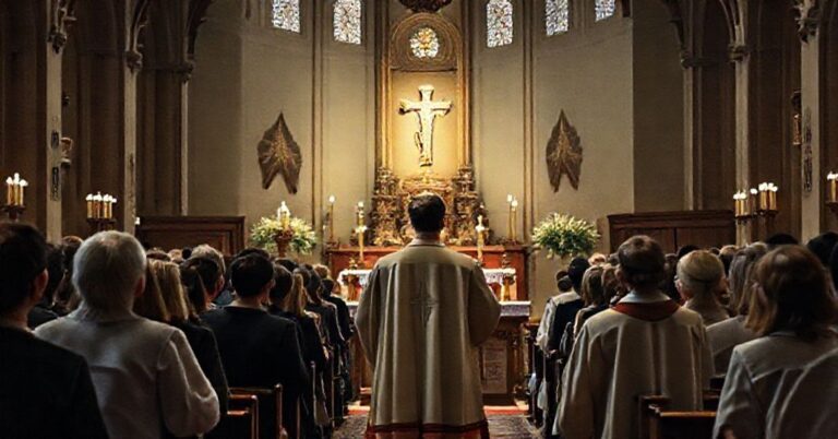 Obraz przedstawiający tradycyjną mszę św. w norweskim kościele z młodą congregacją i Erikem Vardenem przy ołtarzu