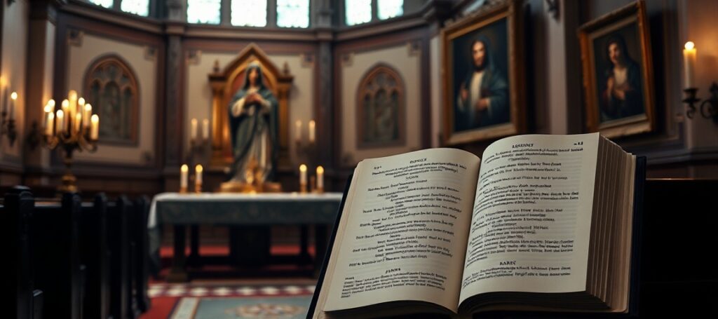 Tradycyjny wnętrze kościelne z ołtarzem i obrazem Rodziny Ulmów, symbolizujące krytykę fałszywych beatyfikacji i ekumenizmu
