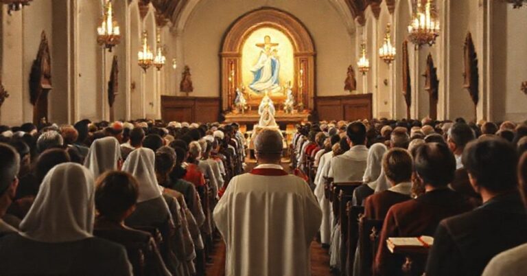 Tradycyjny katolicki scenariusz ukazujący uroczystą Mszę św. w kościele sprzed 1958 roku z nabożnym zebraniem, podkreślającym powagę i przestrzeganie doktrynalnej precyzji. Na tle subtelne przedstawienie wizji siostry Łucji.