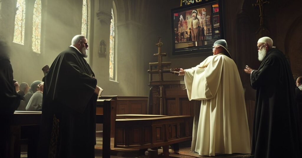 Tradycyjny ksiądz w pełnej szacie liturgicznej stoi w historycznym kościele obok klęczącego penitenta w konfesjonale, podczas gdy na ekranie telewizyjnym neo-modernistyczny 'biskup' udziela nieważnego błogosławieństwa. Scena podkreśla kontrast między autentycznymi sakramentami a pustymi rytuałami nowego kościoła.
