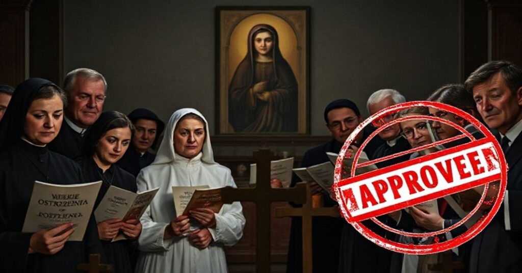 Grupa katolików z zaniepokojeniem patrzą na kontrowersyjny film o rzekomych objawieniach św. Faustyny Kowalskiej. Scena ukazuje tradycyjnie ubranych wiernych w kościele.