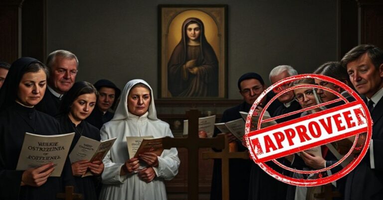 Grupa katolików z zaniepokojeniem patrzą na kontrowersyjny film o rzekomych objawieniach św. Faustyny Kowalskiej. Scena ukazuje tradycyjnie ubranych wiernych w kościele.