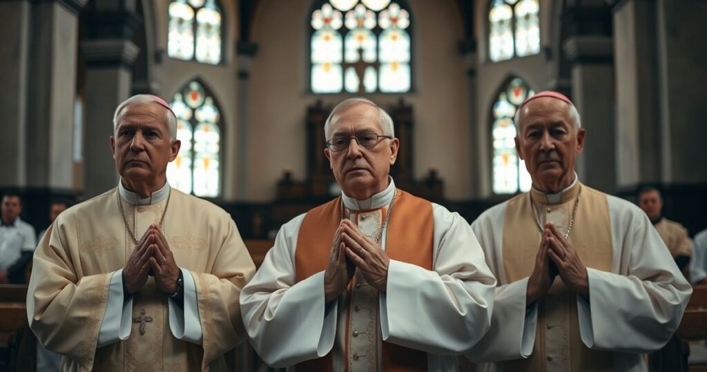 Skompromitowani hierarchowie Kościoła katolickiego w tradycyjnej świątyni, symbolizujący krytykę modernistycznej hierarchii i systemowych nadużyć