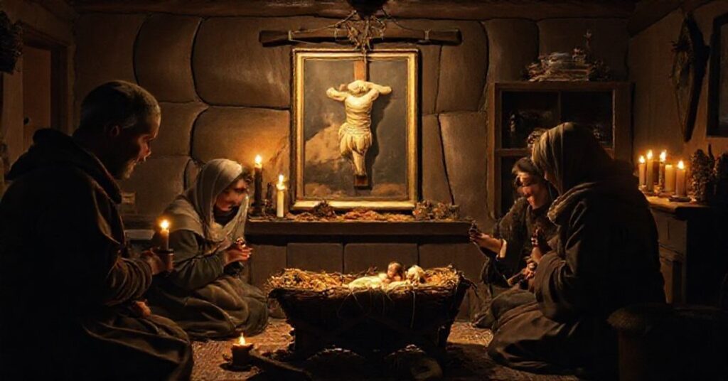 Tradycyjna polska szopka betlejemska z rodziną w tle i symboliczna obecność Jezusa Chrystusa.