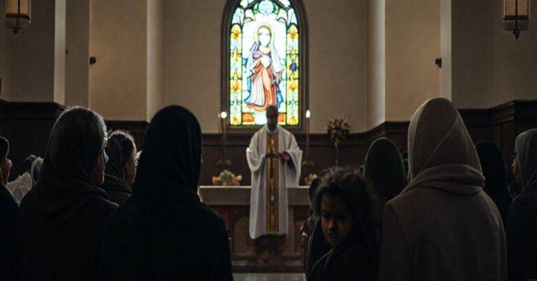 Wnętrze kościoła katolickiego z kapłanem w tradycyjnych szatach liturgicznych, trzymającym krzyż. Za nim witraż przedstawia Matkę Boską o smutnym wzroku. Światło z witrażu delikatnie oświetla ołtarz, podkreślając powagę sceny. Na pierwszym planie grupa kobiet i dzieci, symbolizujących dom "Mary's Comfort", w chwili refleksji, z wyrażeniem nadziei i smutku na twarzach. Scena oddaje głęboką wiarę i powagę, z krytyką współczesnych działań humanitarnych bez duchowego przewodztwa.