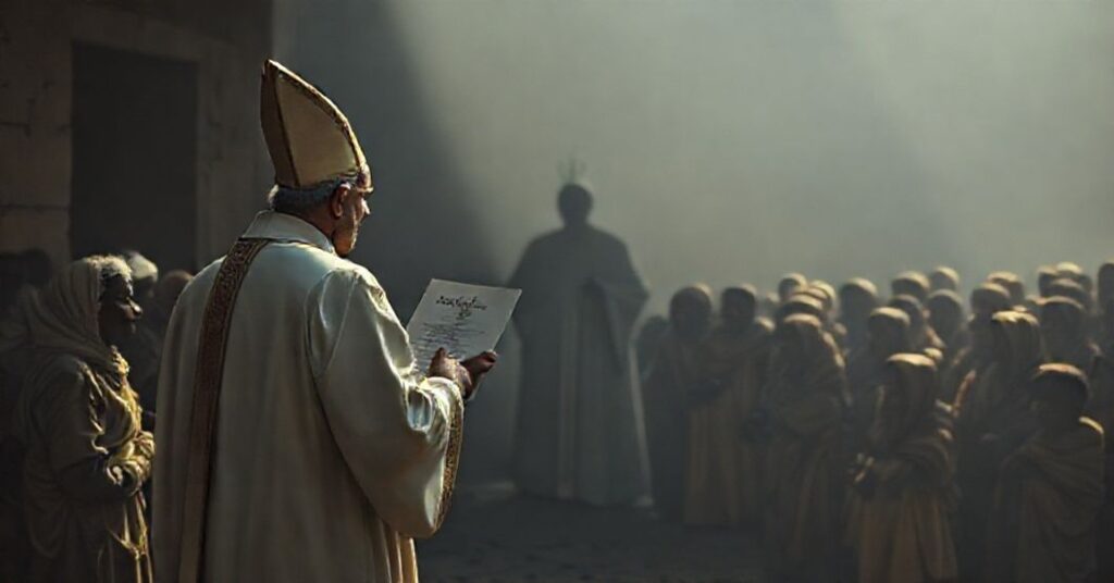 Ksiądz w tradycyjnym ornacie stojący przed grupą biednych ludzi otrzymujących pomoc materialną; w tle widnieje cień osoby symbolizującej fałszywego papieża. Scena podkreśla brak duchowego wsparcia i nadmierne skupienie na pomocy materialnej.
