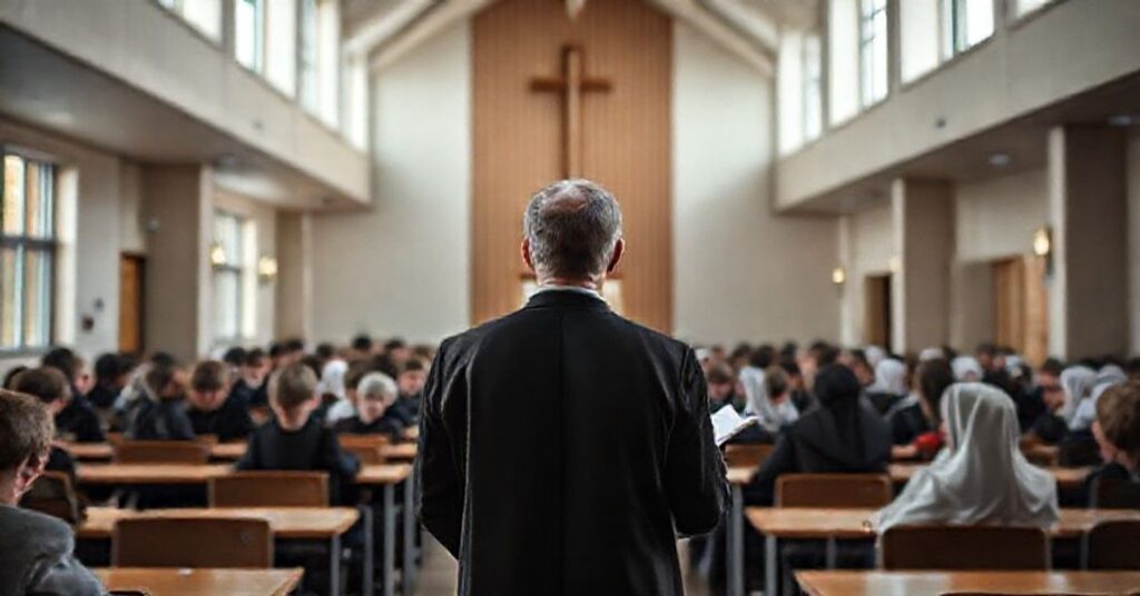 Stojące dzieci niewidome w nowoczesnym budynku w Laskach. Marcin Perłowski wygłasza przemówienie o zbiórce na internat.