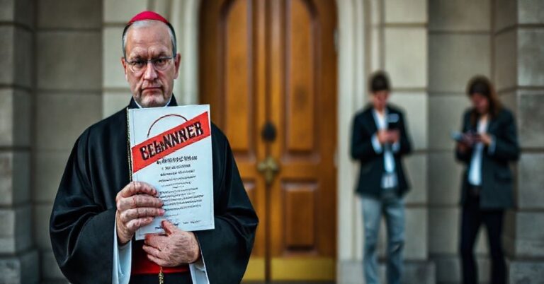 Sadzęca tradycyjna katolicka scenografia z księżem trzymającym zakazanego neo-Kościolu "Internetowy Dziennik Katolicki" przed zamkniętymi drzwiami kościoła