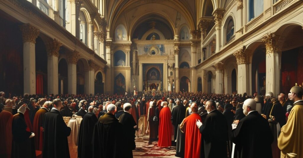 Grupa kleryku w tradycyjnych ornatach na tle starożytnej architektury kościelnej, z kardynałem Raymondem Burkiem krytykującym nowoczesny konsystorz anty-papieża Leona XIV. Scena oddaje powagę i pobożność prawdziwej tradycji katolickiej w kontrastie z modernistycznym otoczeniem Auli Pawła VI.