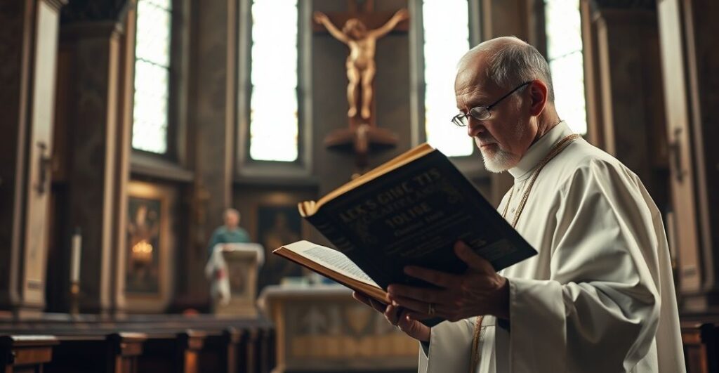 Reverent Catholic priest w liturgicznym otoczeniu, symbolizujący krytykę struktur posoborowych i upadek dyscypliny kościelnej