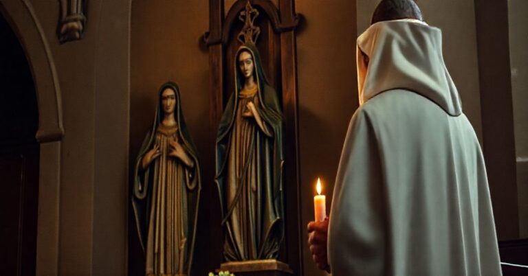 Kapłan katolicki modlący się przed drewnianą figurą Matki Bożej w ciemnej, poważnej atmosferze kościoła, ukazując krytykę posoborowego kultu maryjnego