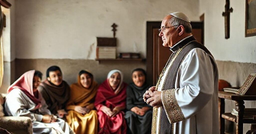 Sobótni katoliccy ksiądz w tradycyjnych szatach liturgicznych przemawia do tureckiej rodziny w prostym domu.