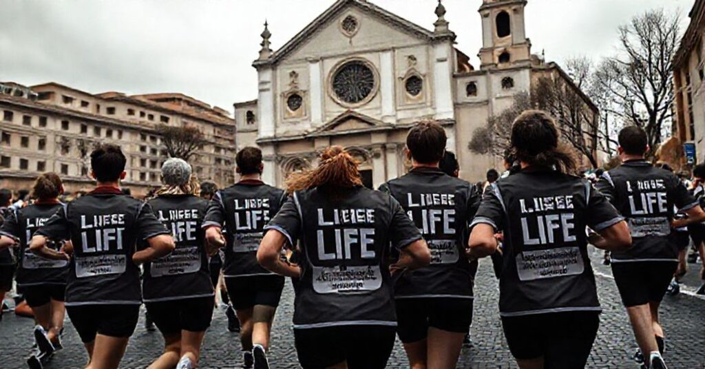 Grupa biegaczy "LIFE Runners" w koszulkach z napisem "Pamiętaj o Nienarodzonych" biega przed tradycyjnym kościołem w Rzymie