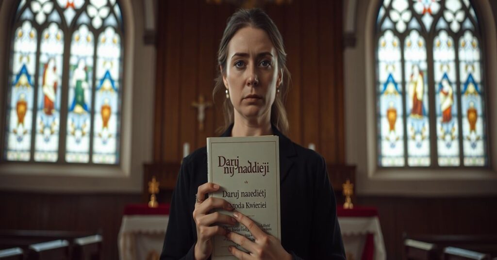 Kobieta katolicka trzymająca książkę Jagody Kwiecień 'Daruj nadzieję' w ciemnym kościele z witrażami