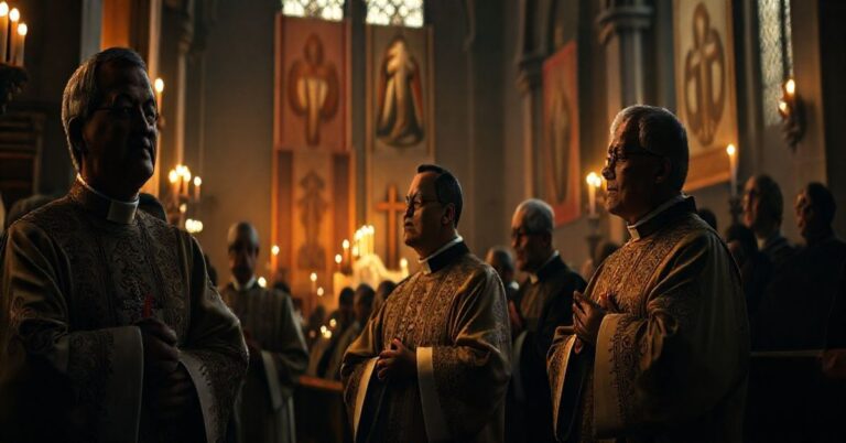 Reprodukcja realistycznego, poważnego zdjęcia ukazującego spór o prawdziwą świętość i modernistyczne zagrożenia w Kościele z perspektywy sedevacantistycznej