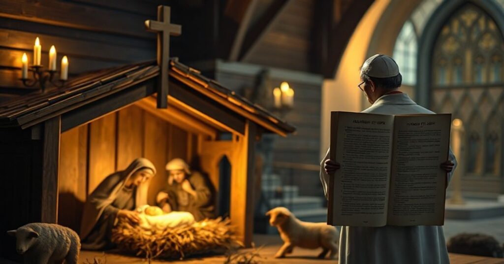 Tradycyjna scenka Bożego Narodzenia z drewnianą żłóbkiem i świątynią na tle, przedstawiająca tradycyjną katolicką wiarę w kontrast do modernistycznych błęдноści "abp" Adriana Galbasa.