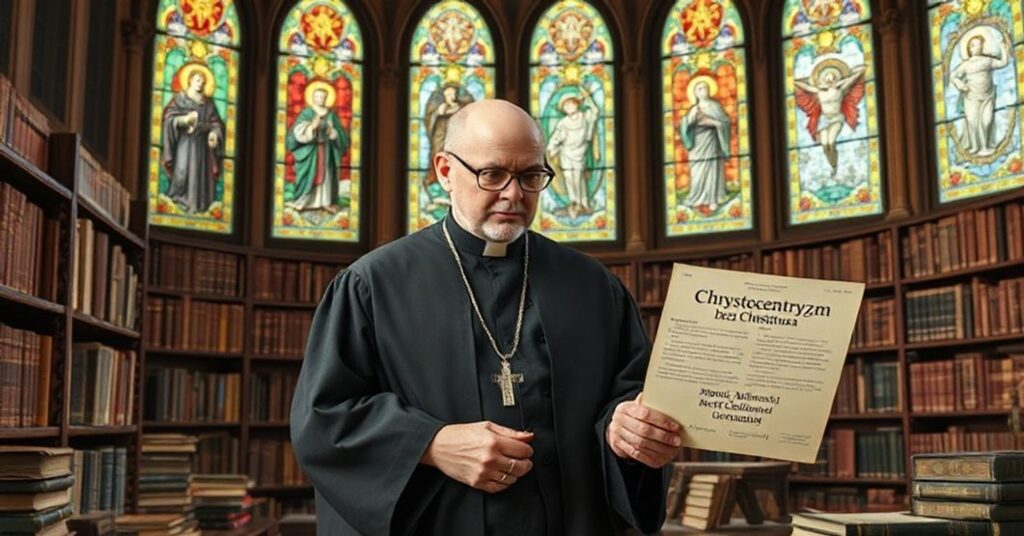 Ksiądz w tradycyjnym stroju duchownego patrzy z niepokojem na dokument o modernistycznej teologii.