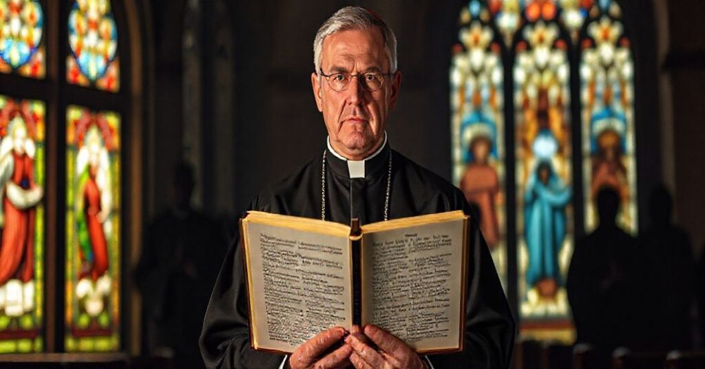 Tradycyjny kapłan katolicki stoi w ciemnym koście, trzymając otwartą Biblię z surowym wyrazem twarzy, podczas gdy w tle widoczne są postacie symbolizują błądy teologii modernistycznej. Okna witrażcowe przedstawiają świętych i Ojcłw Kościoła w kontrascie z moderno-przeobrażonymi błędami na pierwszym planie.