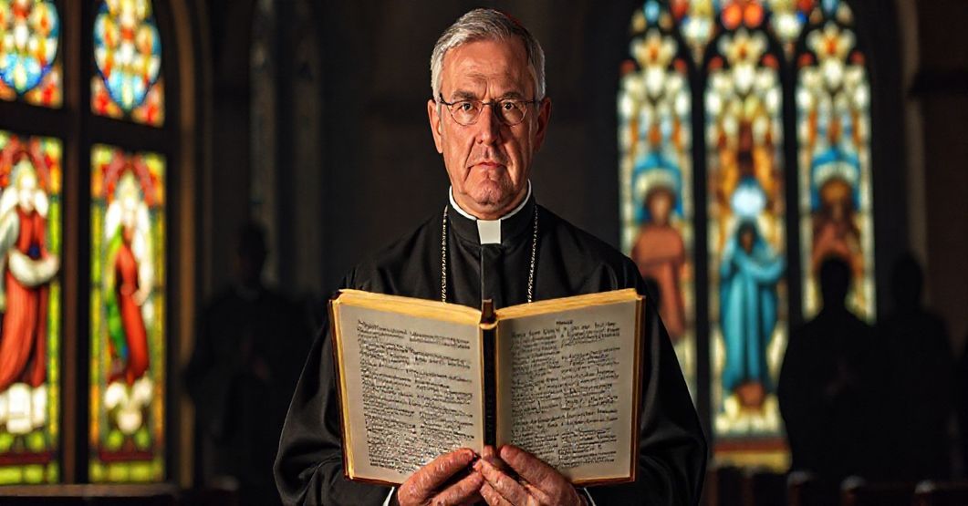 Tradycyjny kapłan katolicki stoi w ciemnym koście, trzymając otwartą Biblię z surowym wyrazem twarzy, podczas gdy w tle widoczne są postacie symbolizują błądy teologii modernistycznej. Okna witrażcowe przedstawiają świętych i Ojcłw Kościoła w kontrascie z moderno-przeobrażonymi błędami na pierwszym planie.