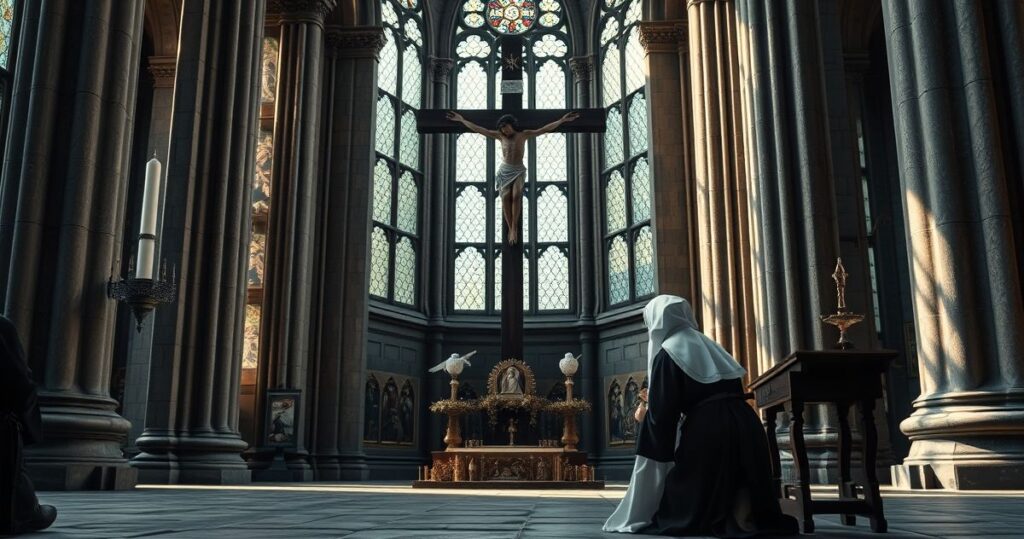 Stara zakonnica modli się przed krzyżem w tradycyjnej katolickiej świątyni, symbolizując krytykę modernistycznych wpływów i fałszywego mistycyzmu