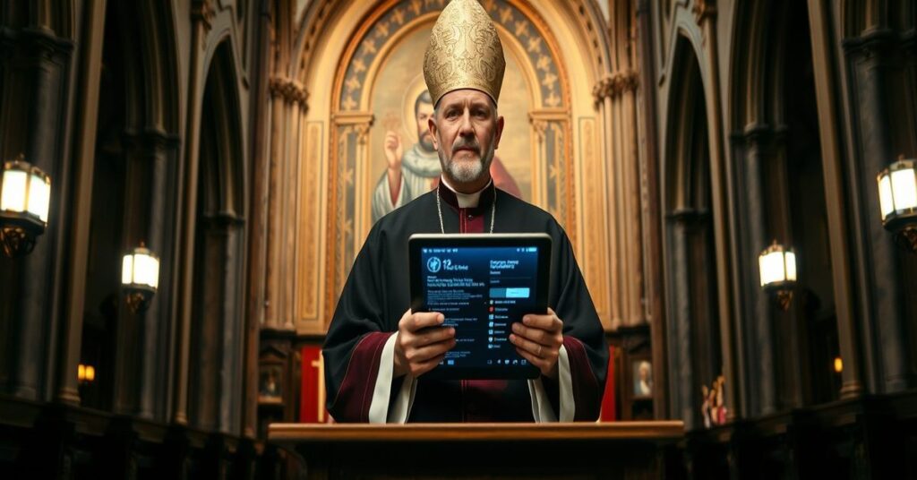 Wnętrze praskiej katedry z "arcybiskupem" Stanisławem Pribylem przy ambonie w otoczeniu gotyckich elementów. Na drugim planie widoczny jest wyblakły fresk ze św. Janem Nepomucenem.