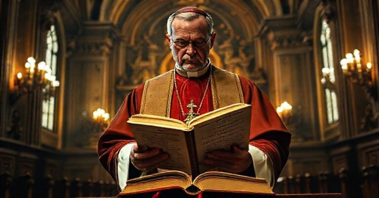 Ksiądz w tradycyjnych szatach liturgicznych trzyma Summę Teologiczną w obliczu nowoczesnego podręcznika ekonomicznego w świątyni katolickiej.