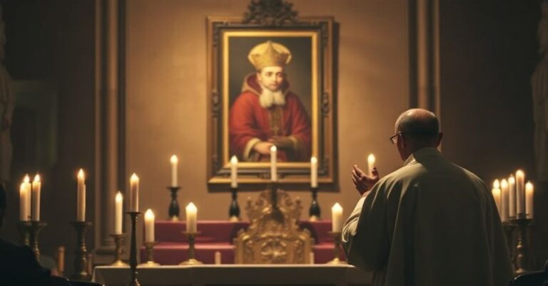 Tradycyjny ołtarz katolicki z kapłanem w modlitwie, w tle częściowo zacienione portret antypapieża Leona XIV, symbolizujący jego modernistyczne odchylenia.