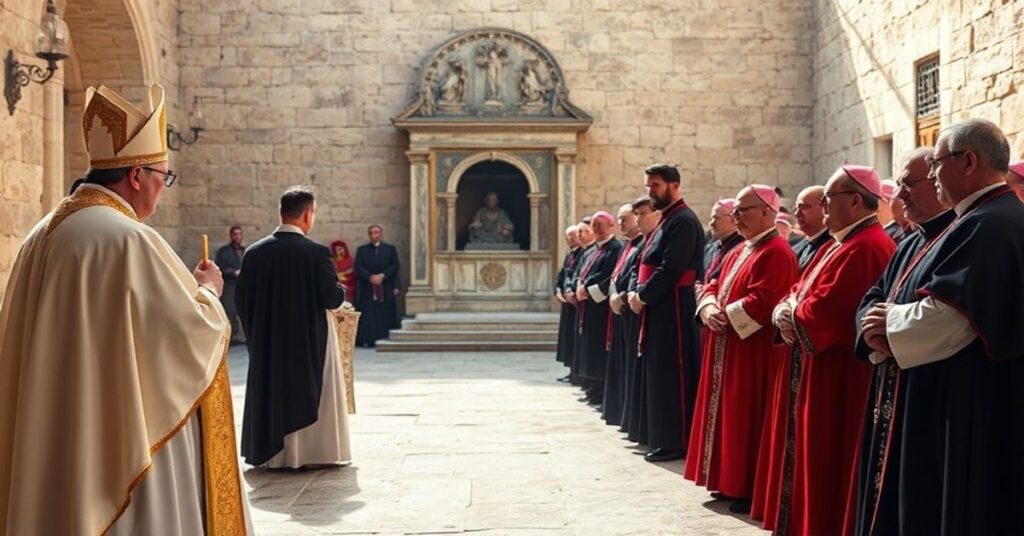 Sobór Święty w Jerozolimie z tradycyjnym kapłanem modlącym się przed Grobem Świętym, w tle grupa nowoczesnych biskupów