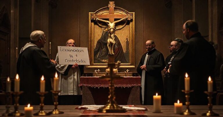 Obraz przedstawiający krytykę modernizmu w Kościele Katolickim poprzez kontrast między tradycyjną wiarą a heretyckimi mostami budowanymi przez Martę Titańca i Piotra Cywińskiego.