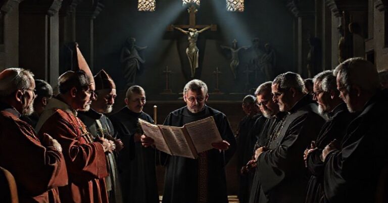 Grupa wiernych i kapłanów w tradycyjnym kościele dyskutuje o herezji synodalności według Grzegorza Strzelczyka.