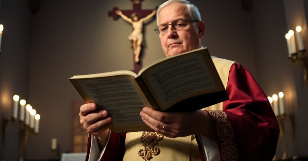 Prawdziwy ksiądz katolicki w tradycyjnych szatach liturgicznych trzyma Biblię z cytatami z Księgi Ozeasza i 1 Księgi Królewskiej w stygmatyzowanym sanktuarium.