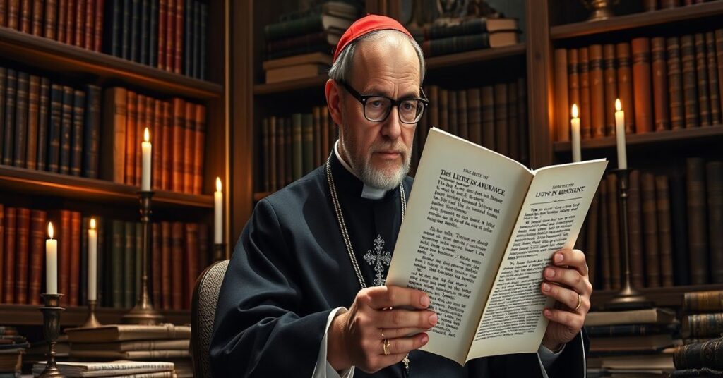 Ksiądz w kaszule czytający list Leon XIV o wartości sportu w tradycyjnym katolickim gabinecie