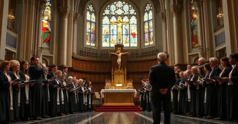 Grupa śpiewaków w tradycyjnych szatach liturgicznych przed ołtarzem kościoła z krucyfiksem w centrum