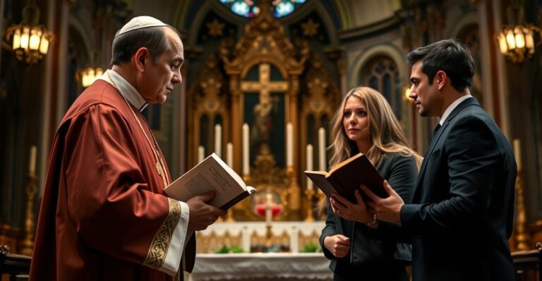 Ksiądz w tradycyjnym ornaty podczas "mszy" w kościele, z zaniepokojoną parą w świeckim ubiorze. Scena podkreśla konflikt naturalizmu z prawdą Boską, nawiązując do krytyki posoborowych praktyk.