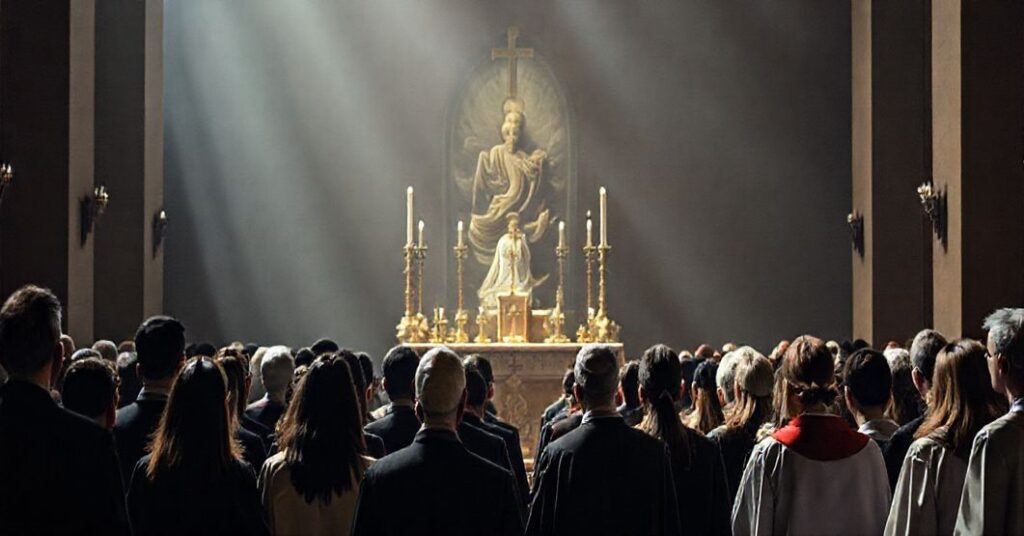 Grupa studentów i profesorów podczas neo-kościelnej uroczystości pielgrzymkowej, symbolizującej krytykę modernistycznej edukacji katolickiej.