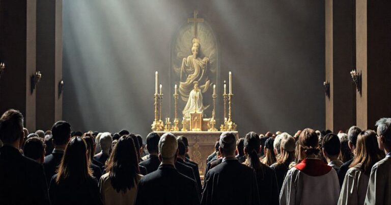 Grupa studentów i profesorów podczas neo-kościelnej uroczystości pielgrzymkowej, symbolizującej krytykę modernistycznej edukacji katolickiej.