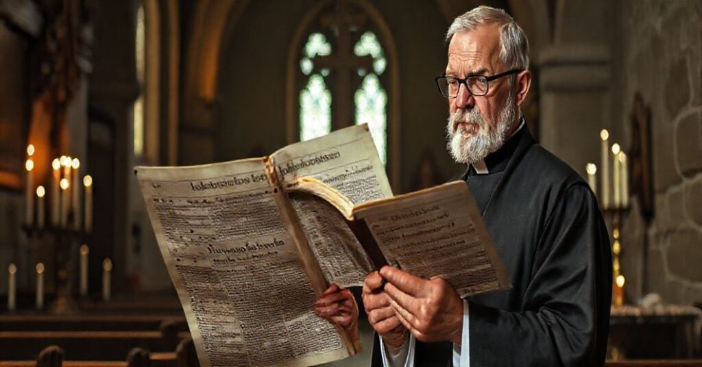 Tradycyjny katolicki kapłan w ciemnym, gotyckim koście patrzy ze wątpieniem na nowoczesną gazetę o rzekomych cudach Newmana, otoczony relikwiami i świetłami symbolizującymi prawdziwą świętość.