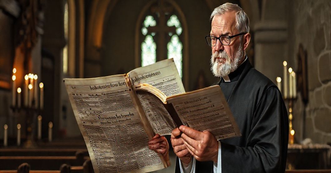 Tradycyjny katolicki kapłan w ciemnym, gotyckim koście patrzy ze wątpieniem na nowoczesną gazetę o rzekomych cudach Newmana, otoczony relikwiami i świetłami symbolizującymi prawdziwą świętość.