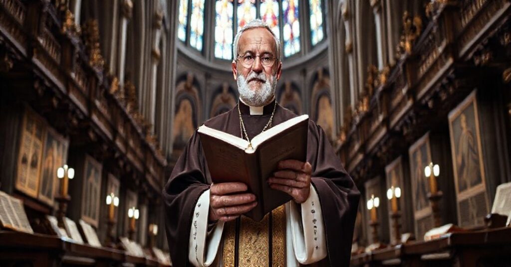 Tradycyjny biskup katolicki w szatach liturgicznych trzymający "Nostra aetate" w kościele, otoczony starymi tekstami teologicznymi.